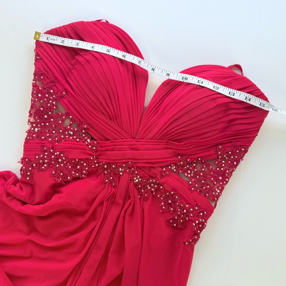 Cache Cherry Red Sheer Floral Back  Strapless Illusion Gown w/ AB Rhinestones 8 - Picture 11 of 16